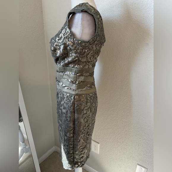 Tadashi Shoji Pailette Sheath Dress Smoke Pearl Size 4 - Picture 3 of 10